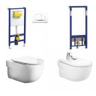 Pachet Meridian VIII: Vas WC suspendat Meridian, capac WC soft-close, bideu, cadru bideu, rezervor Liv si clapeta alba