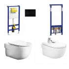 Pachet Meridian IX: Vas WC suspendat Meridian, capac WC soft-close, bideu, cadru bideu, rezervor Liv si clapeta neagra