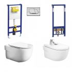 Pachet Meridian VII: Vas WC suspendat Meridian, capac WC soft-close, bideu, cadru bideu, rezervor Liv si clapeta crom