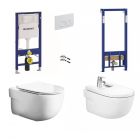 Pachet Meridian XI: Vas WC suspendat Meridian, capac WC soft-close, bideu, cadru bideu, rezervor Geberit si clapeta alba