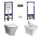 Pachet Nexo X: Vas WC suspendat Nexo, capac WC soft-close, bideu, cadru bideu, rezervor Geberit si clapeta crom